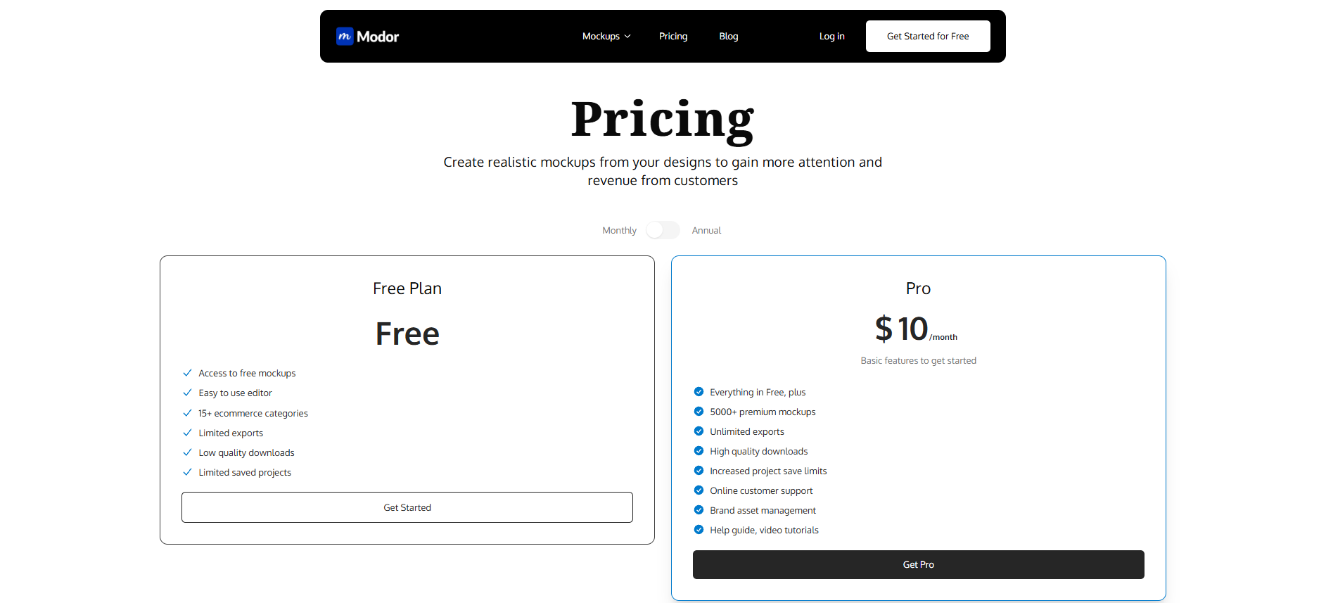Screenshot of the Modor pricing page showing the Free plan and the Pro plan